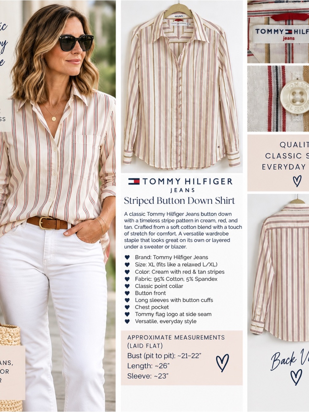 Tommy Hilfiger Cream Button-Down Shirt with Red and Tan Stripes